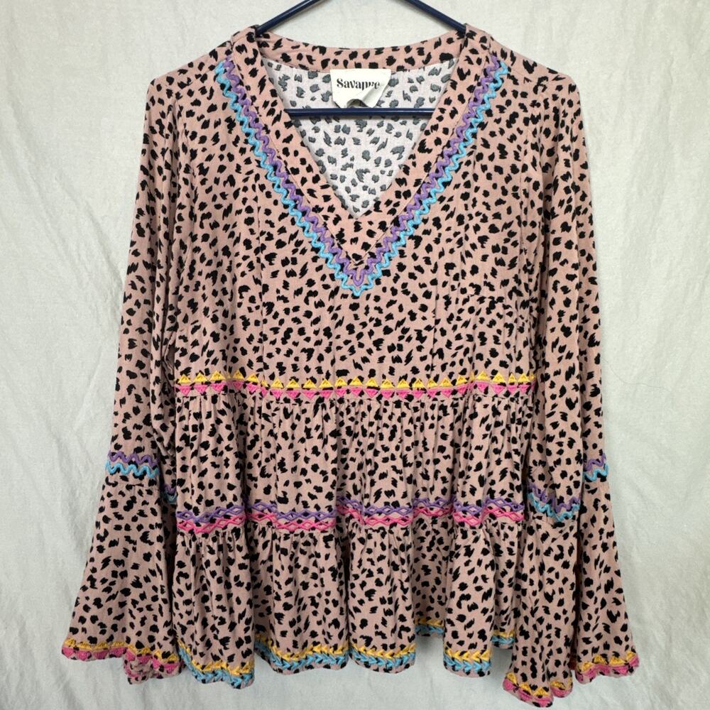 Savanna Jane Embroidered MEDIUM Peasant Top V-Neck Top Boho Cheetah Print